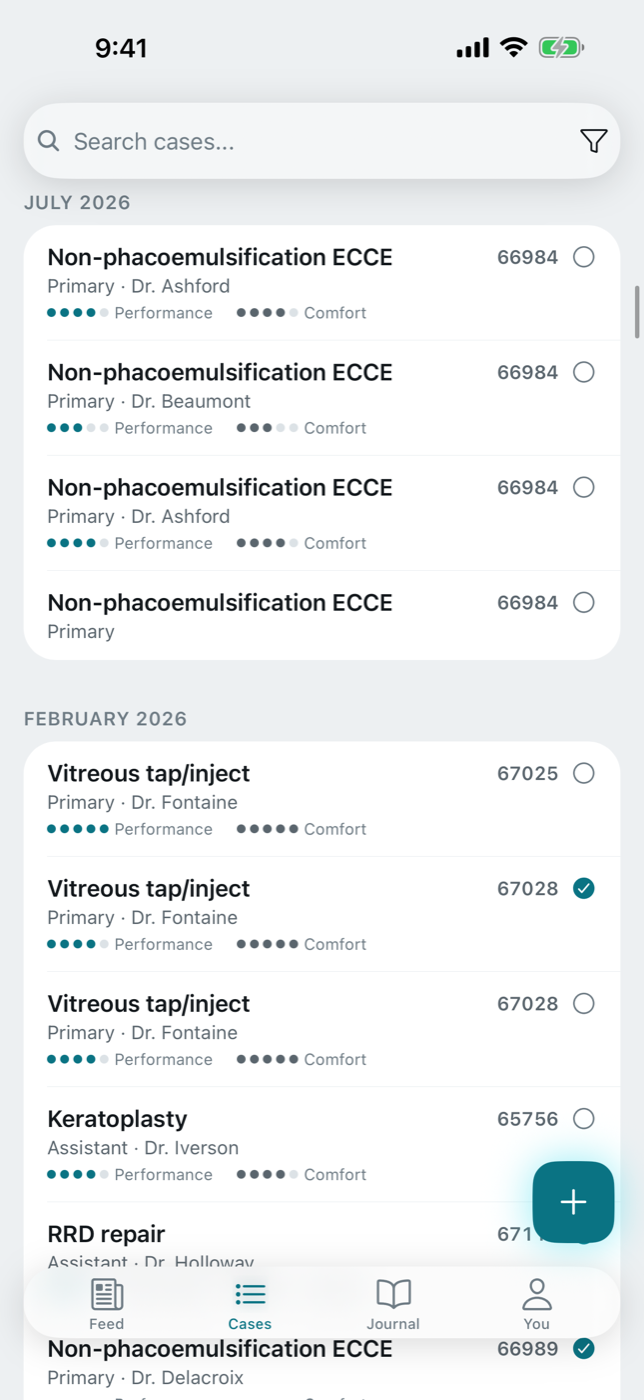 scut cases list — procedure rows with dates, attendings, and performance metric dots
