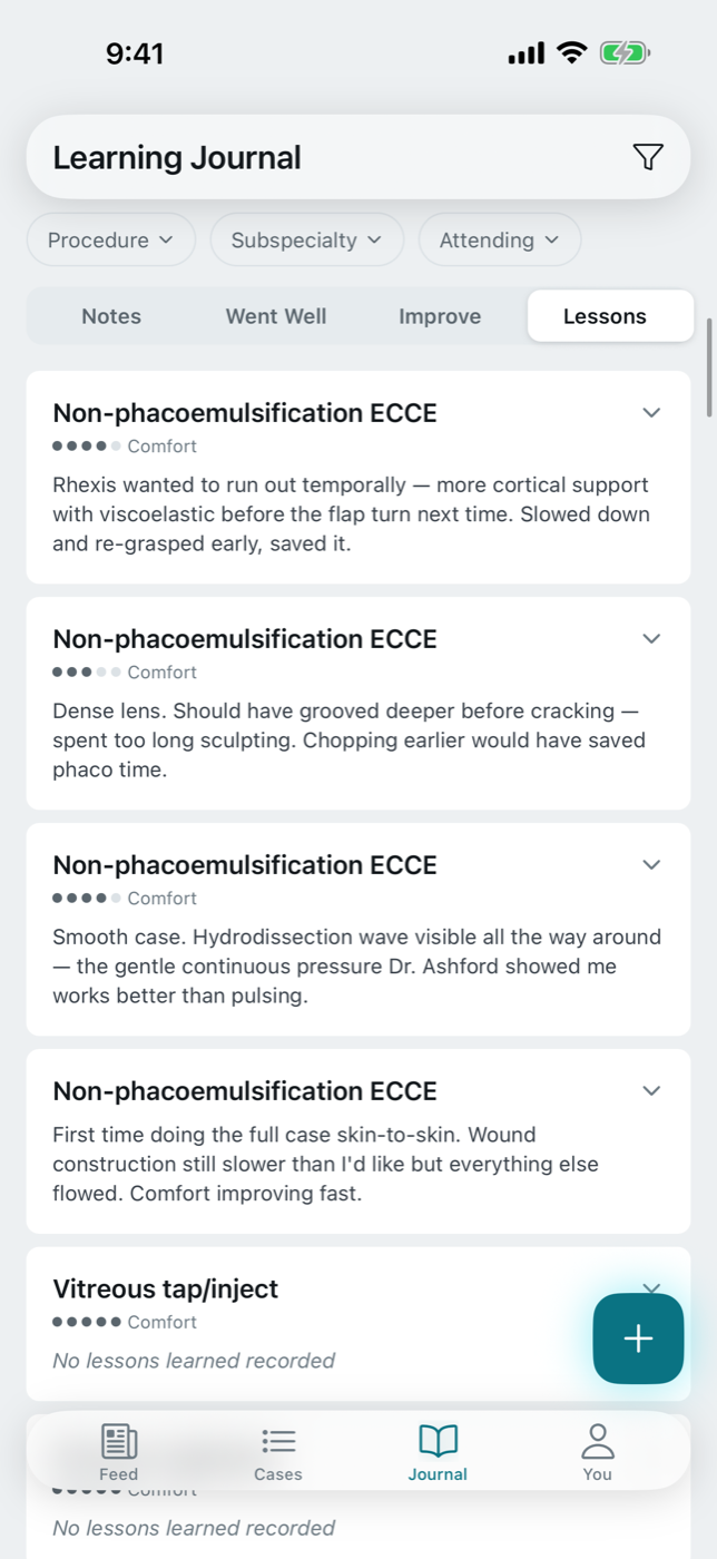 scut Learning Journal — lessons collected across cataract cases with comfort ratings
