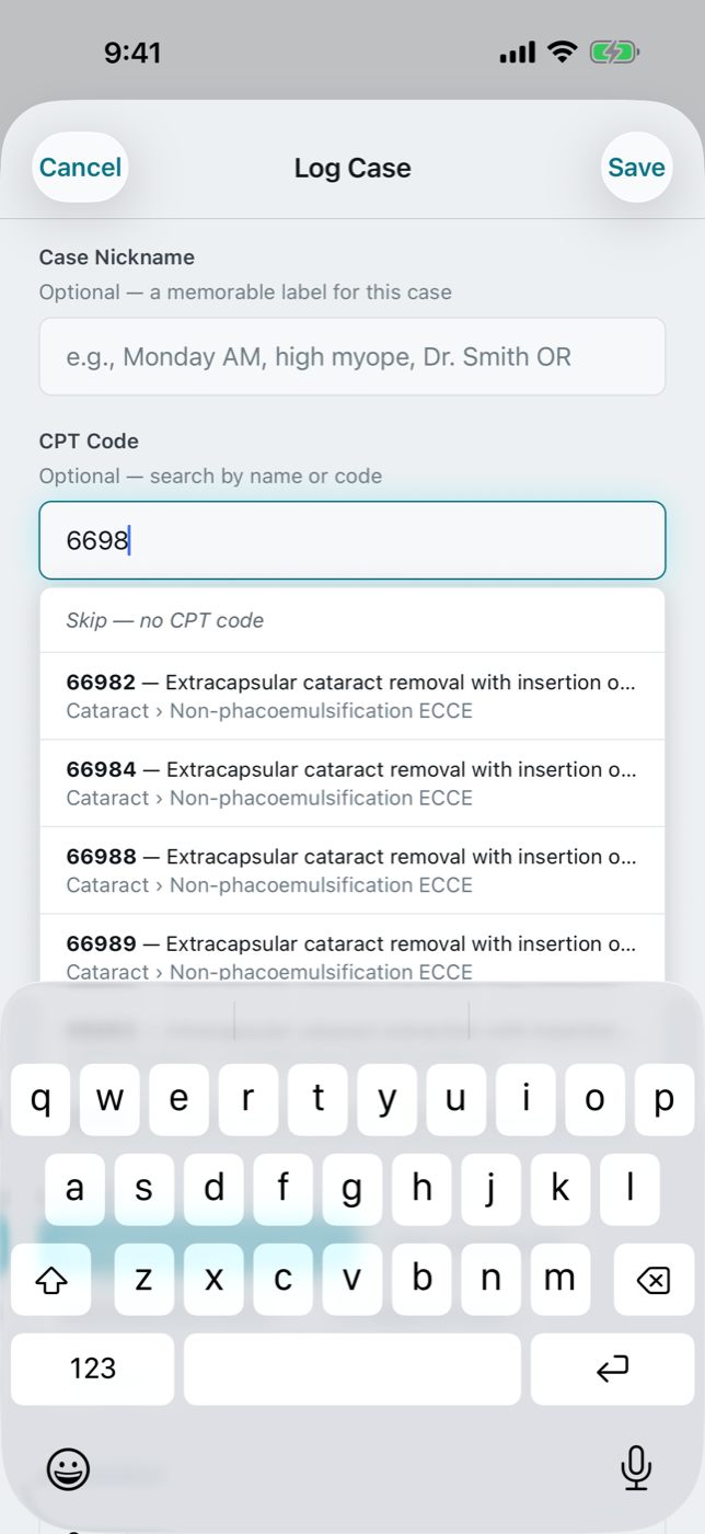 scut Log Case form with CPT autocomplete open, suggesting cataract procedure codes