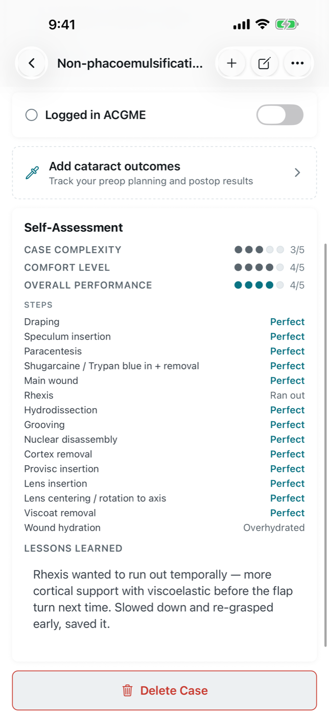 scut case detail — all fifteen cataract steps rated, with diagnostic descriptors on rhexis and wound hydration